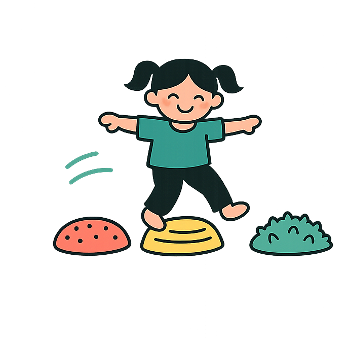 A cheerful child balancing across colorful sensory stepping stones